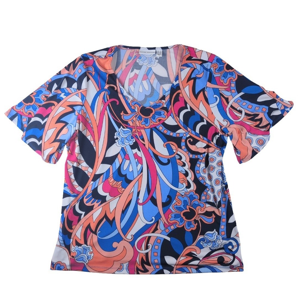 Susan Graver Paisley Tee Peach Blue White Navy Size Large Boho Summer Maximalist